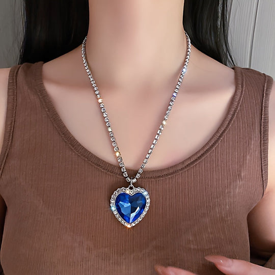 Ocean Heart Rhinestone Love Pendant Necklace