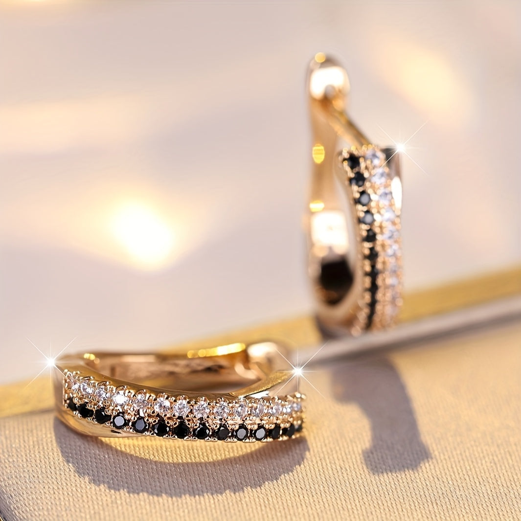 Elegant Black & White Zirconia Hoop Earrings