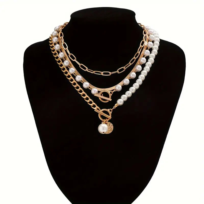 Vintage Pearl & Gold Snake Chain Necklace Set