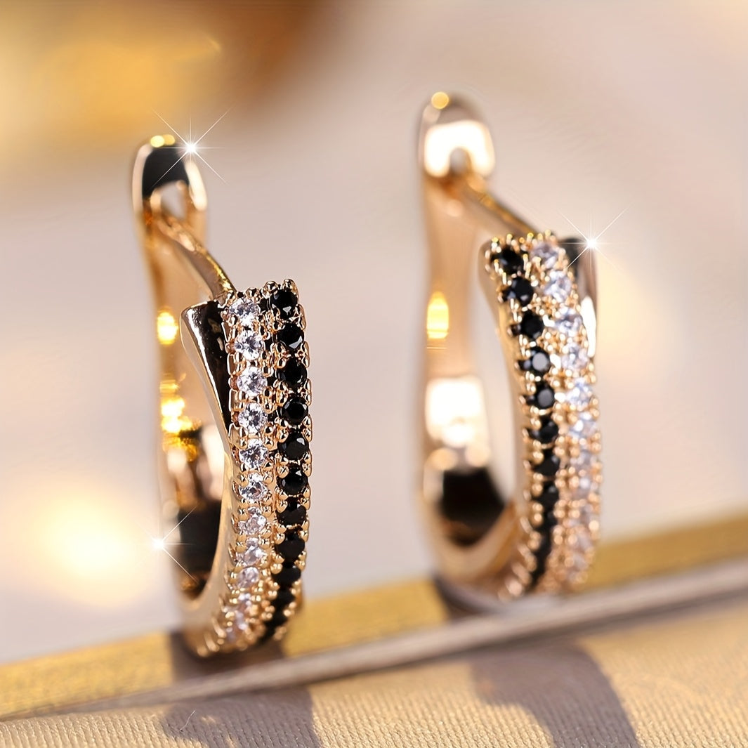 Elegant Black & White Zirconia Hoop Earrings