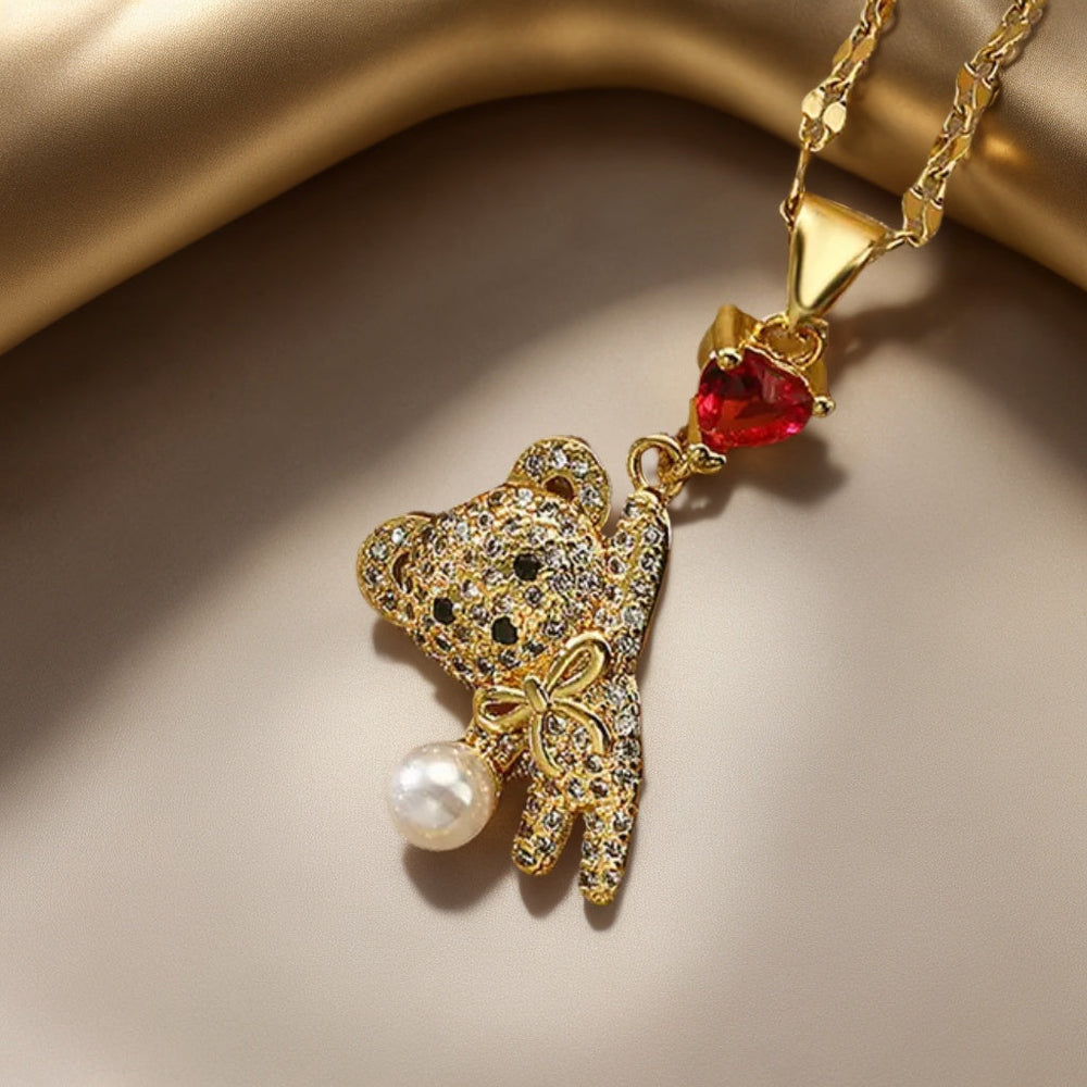 Adorable Bear Pendant Necklace with Synthetic Zirconia