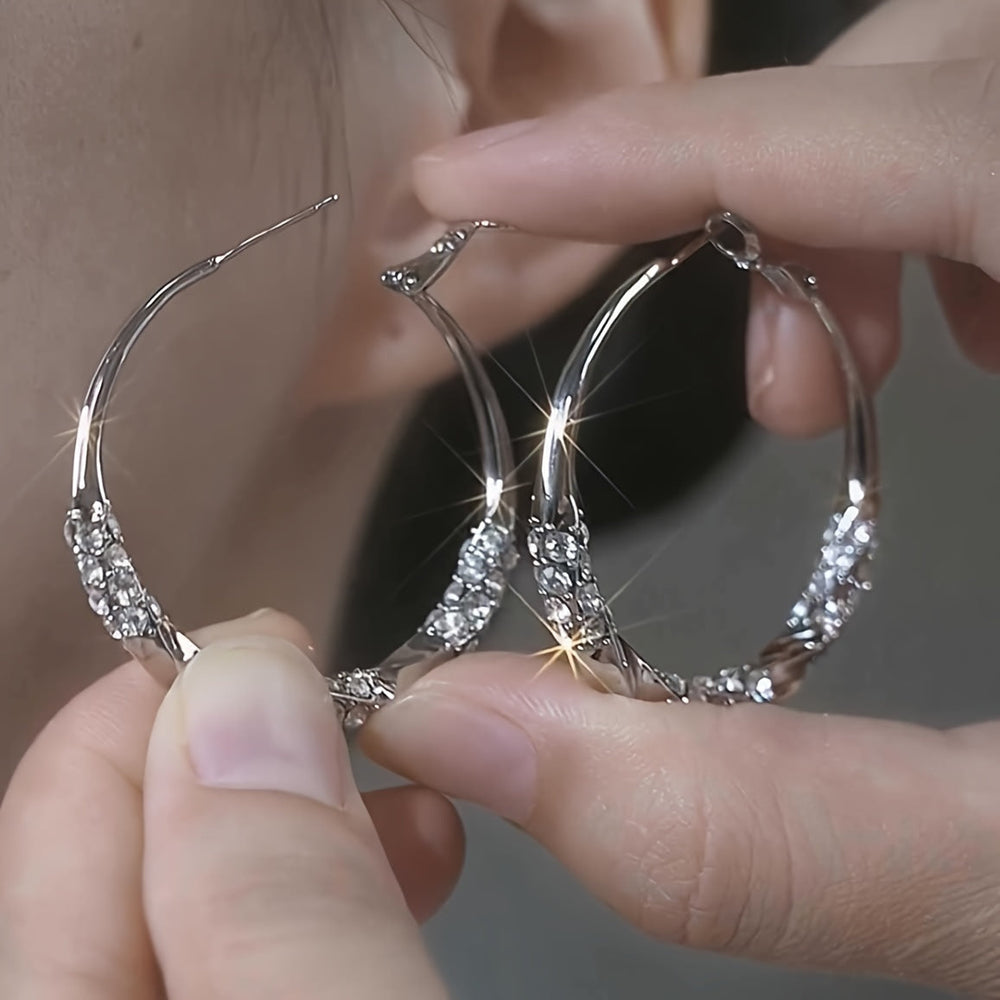 Sparkling Rhinestones Pleated Hoop Earrings
