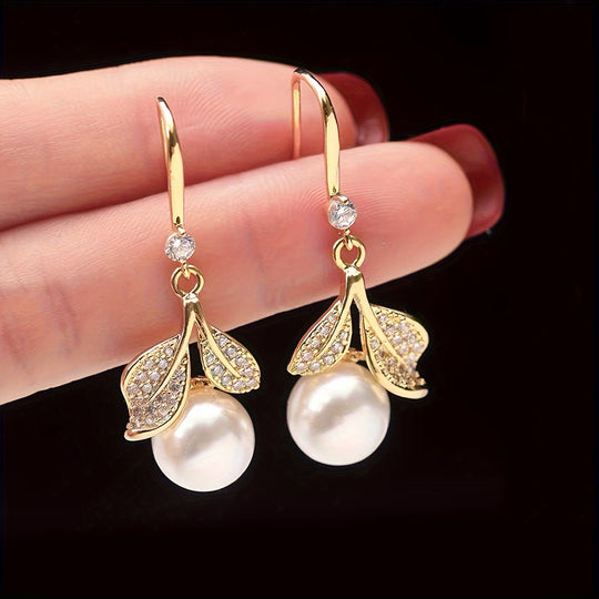 French Leaf & Faux Pearl Drop Earrings