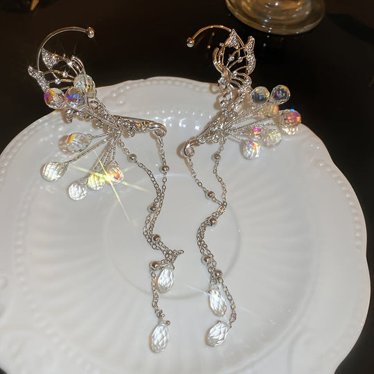 Elegant Crystal Flower & Tassel Ear Wrap