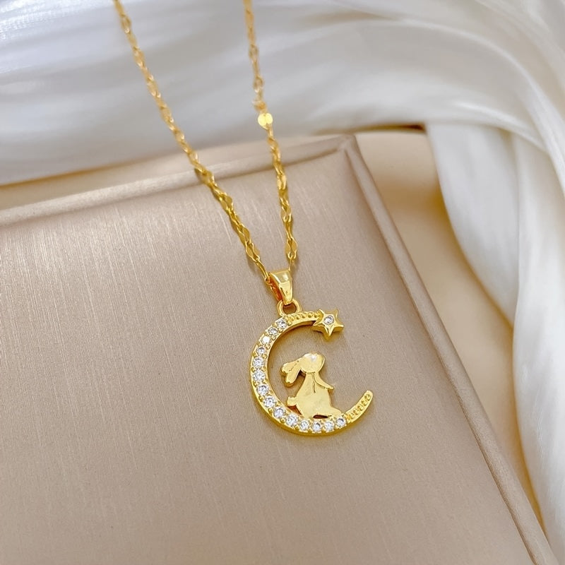 Fashion Cute Rabbit Pendant Necklace with Moon and Stars