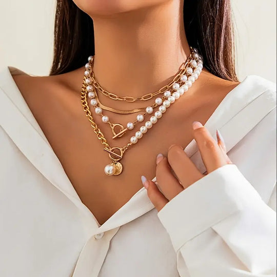 Vintage Pearl & Gold Snake Chain Necklace Set