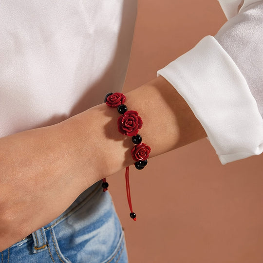 Red Rose Flower Black Beads Beaded Bracelet