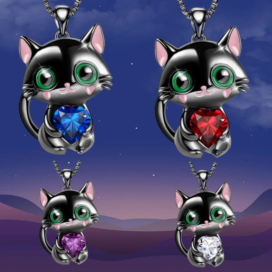Kitten Hugging Heart Pendant Necklace