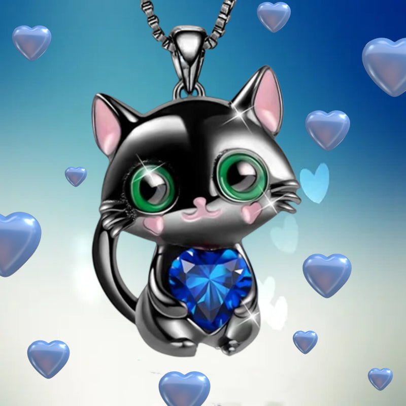 Kitten Hugging Heart Pendant Necklace