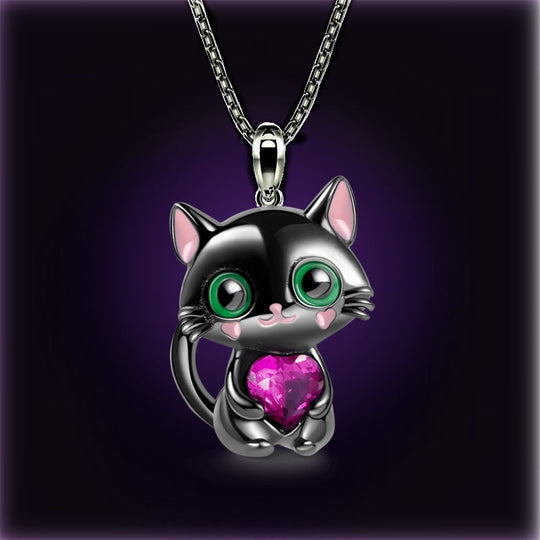 Kitten Hugging Heart Pendant Necklace