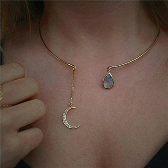 Water Droplet & Moon Pendant Necklace