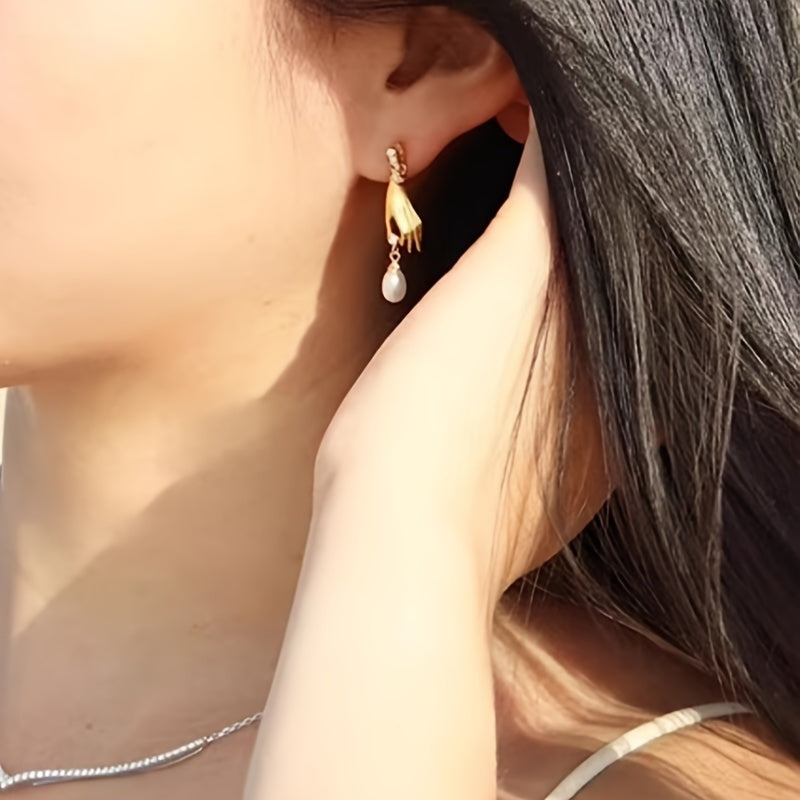 Golden Hand & Pearl Dangle Earrings