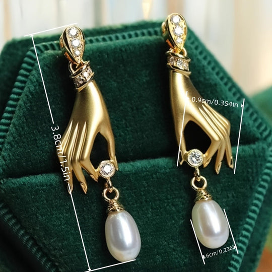 Golden Hand & Pearl Dangle Earrings