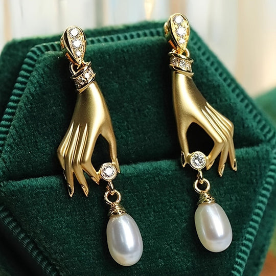 Golden Hand & Pearl Dangle Earrings