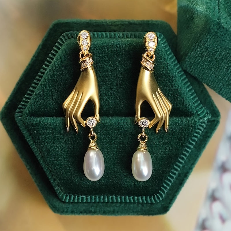 Golden Hand & Pearl Dangle Earrings