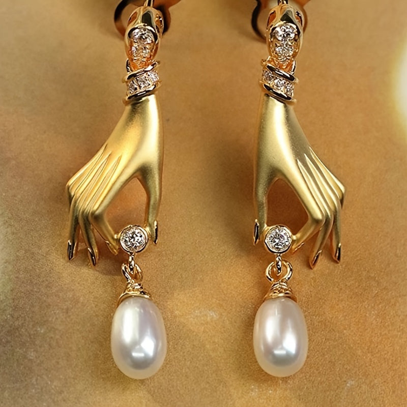Golden Hand & Pearl Dangle Earrings