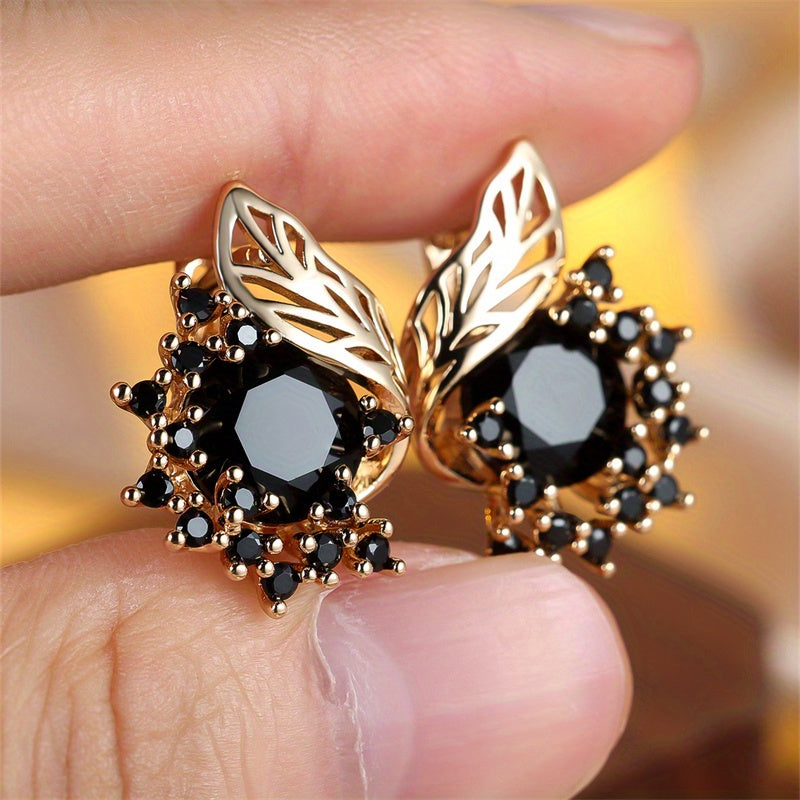 Round Black Stone Floral Earrings