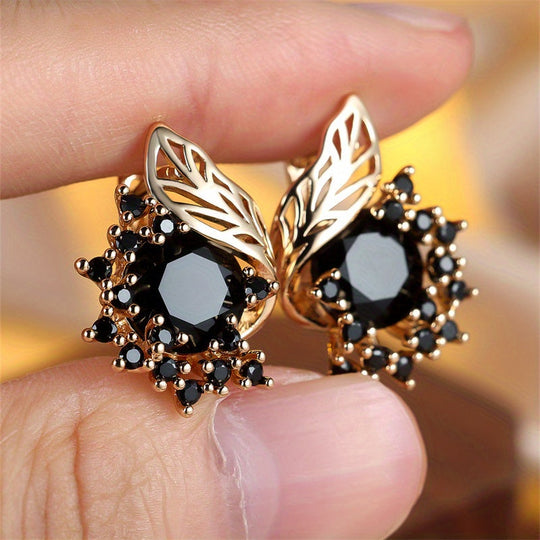 Round Black Stone Floral Earrings