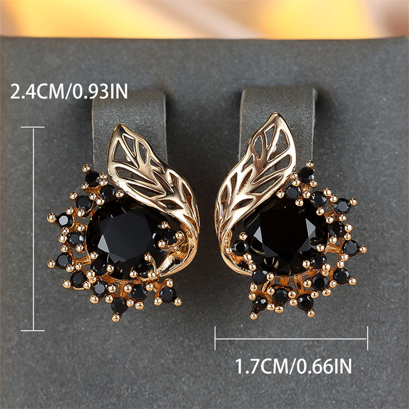 Round Black Stone Floral Earrings
