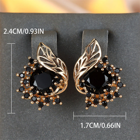 Round Black Stone Floral Earrings