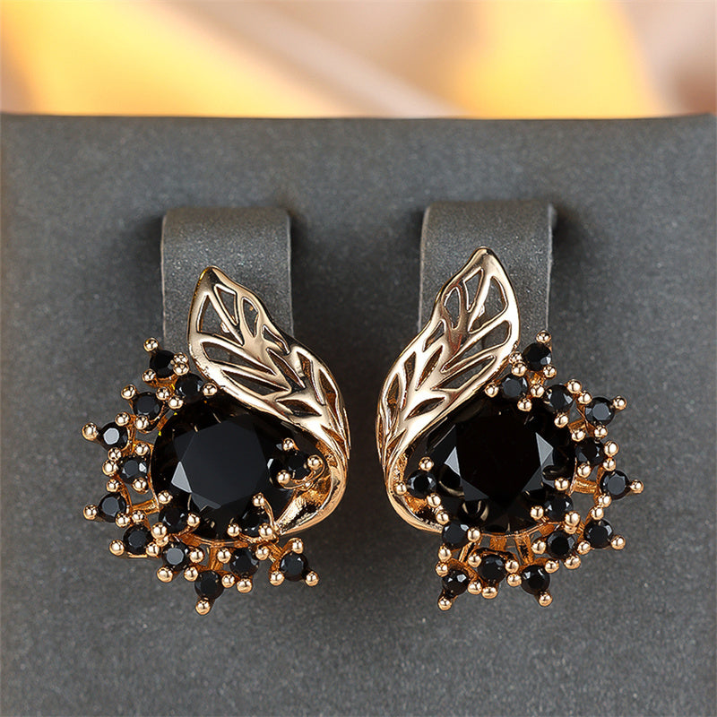 Round Black Stone Floral Earrings