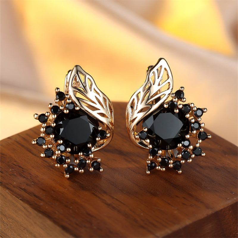 Round Black Stone Floral Earrings