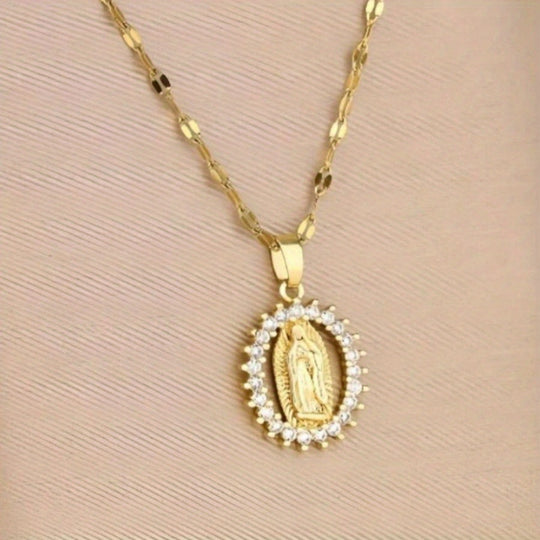 Virgin Mary Oval Pendant Necklace