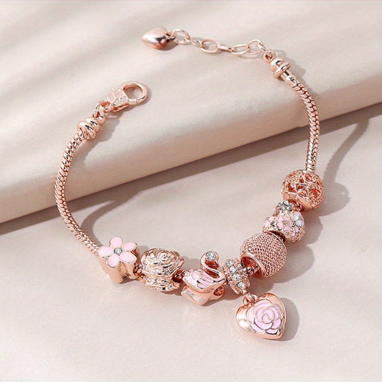 Pink Rose Swan Charm Bracelet