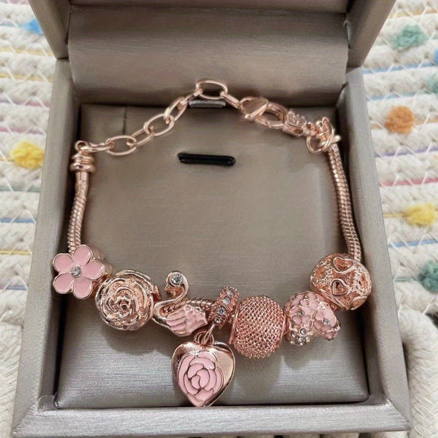 Pink Rose Swan Charm Bracelet