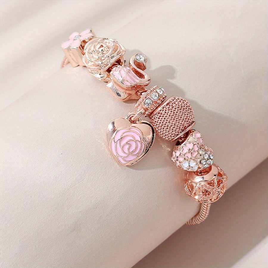 Pink Rose Swan Charm Bracelet