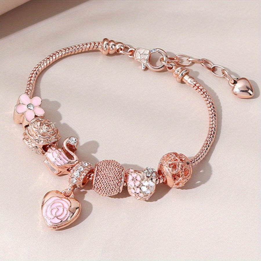 Pink Rose Swan Charm Bracelet