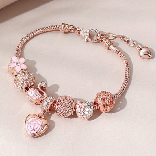 Pink Rose Swan Charm Bracelet