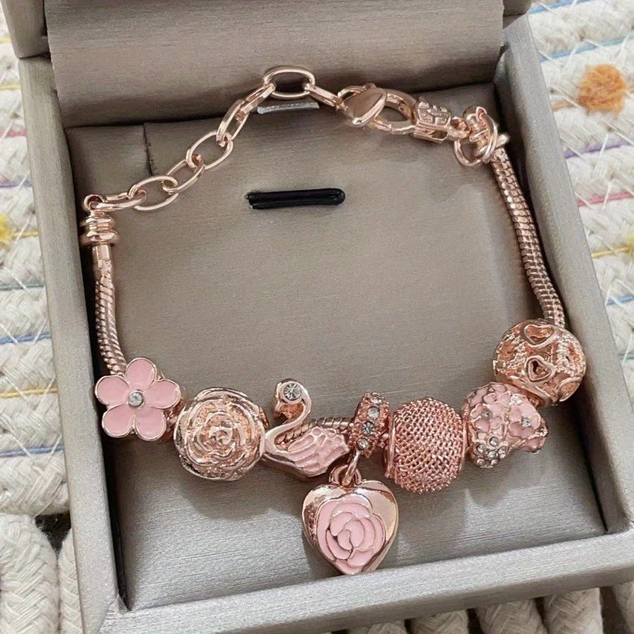 Pink Rose Swan Charm Bracelet