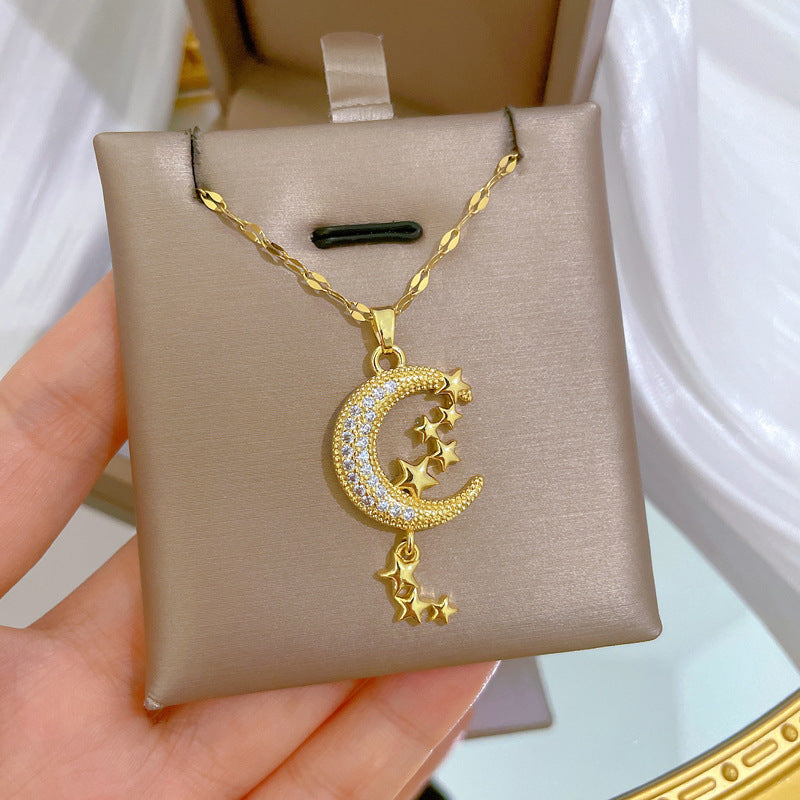 Crescent Moon & Stars Pendant Necklace