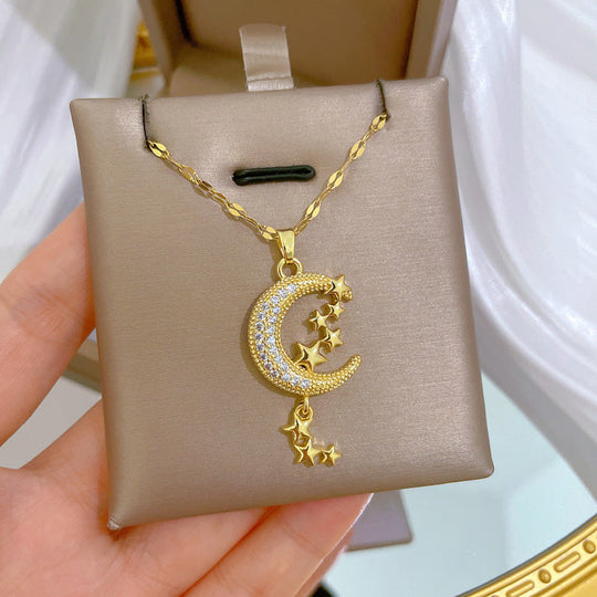Crescent Moon & Stars Pendant Necklace
