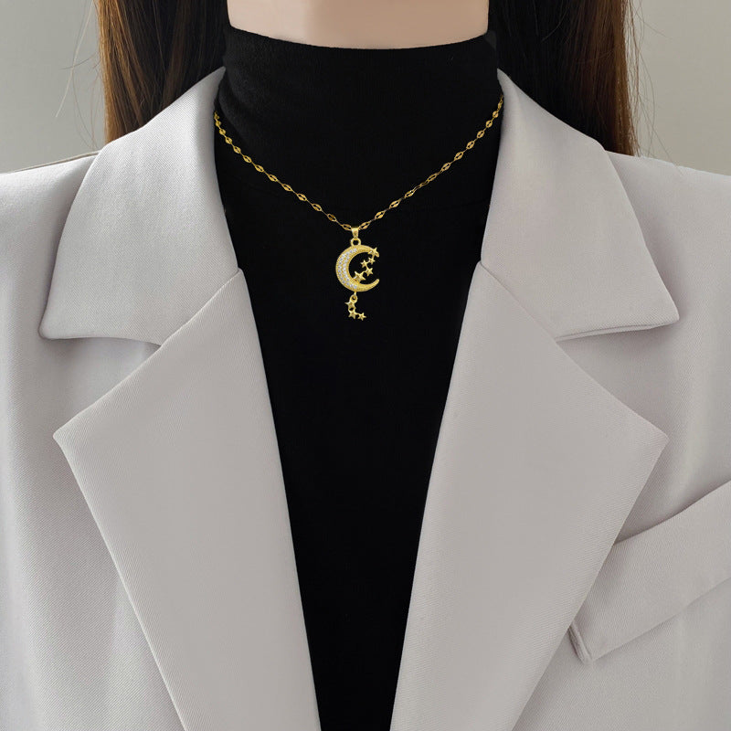 Crescent Moon & Stars Pendant Necklace
