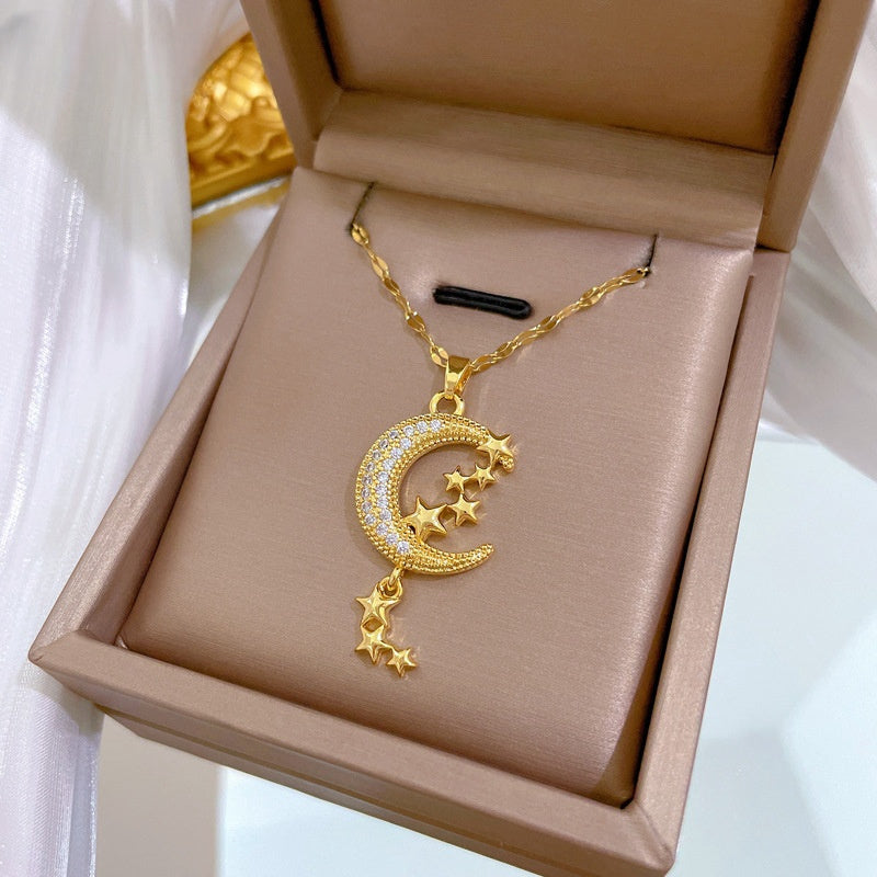 Crescent Moon & Stars Pendant Necklace
