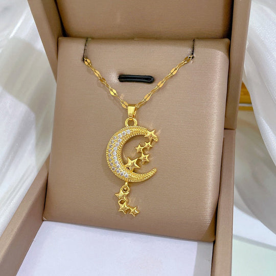 Crescent Moon & Stars Pendant Necklace
