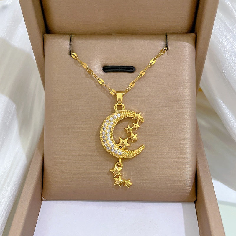 Crescent Moon & Stars Pendant Necklace