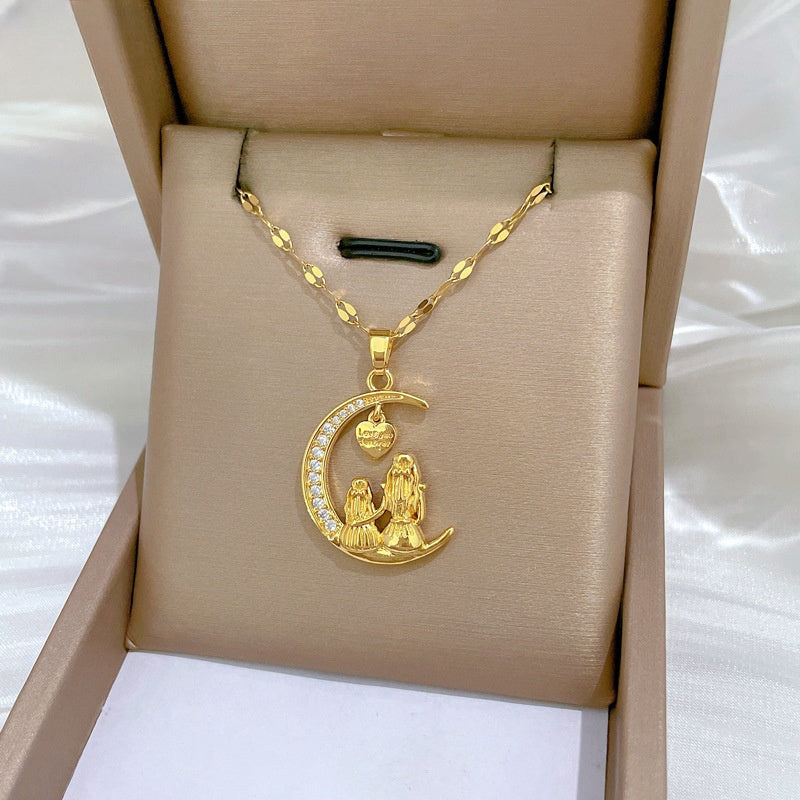 Mother-Daughter Moon Pendant Necklace