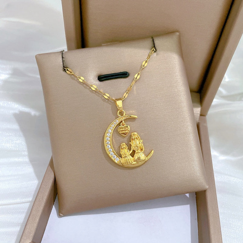 Mother-Daughter Moon Pendant Necklace