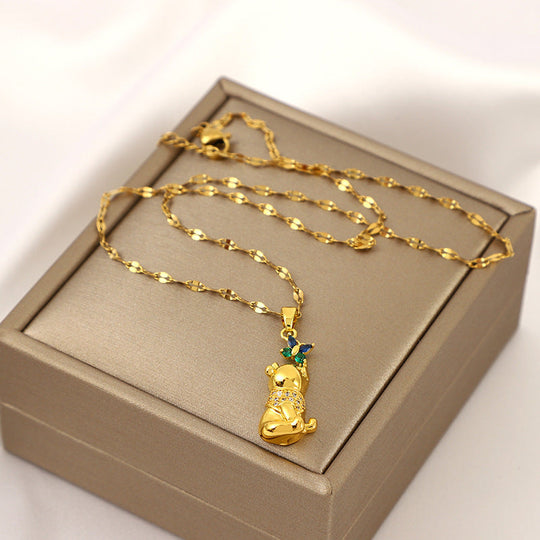 Butterfly Bear Gemstone Pendant Necklace