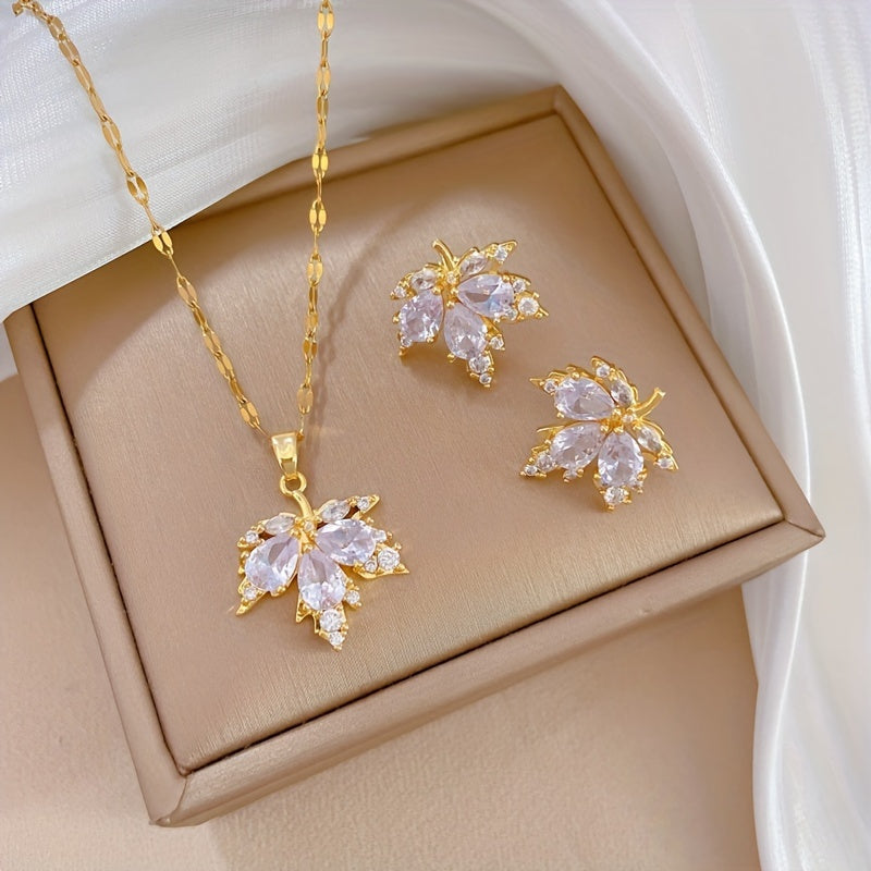 Elegant Leaf Pendant Necklace and Earrings Set