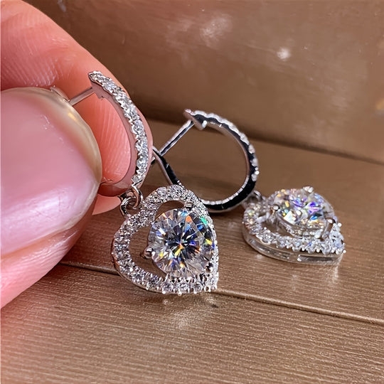 Hollow Heart Zirconia Hoop Drop Earrings