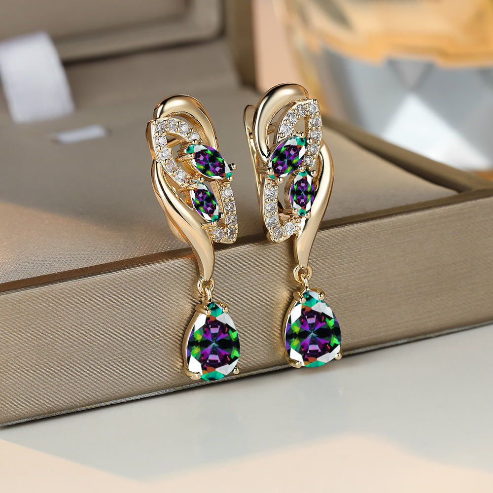 ANGOL Romantic Flower Dangle Earrings for Women - Golden-Tone Floral Design with Red & Clear Synthetic Gemstones, Elegant Party & Everyday Jewelry Gifts