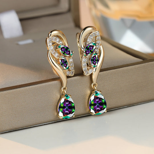 ANGOL Romantic Flower Dangle Earrings for Women - Golden-Tone Floral Design with Red & Clear Synthetic Gemstones, Elegant Party & Everyday Jewelry Gifts