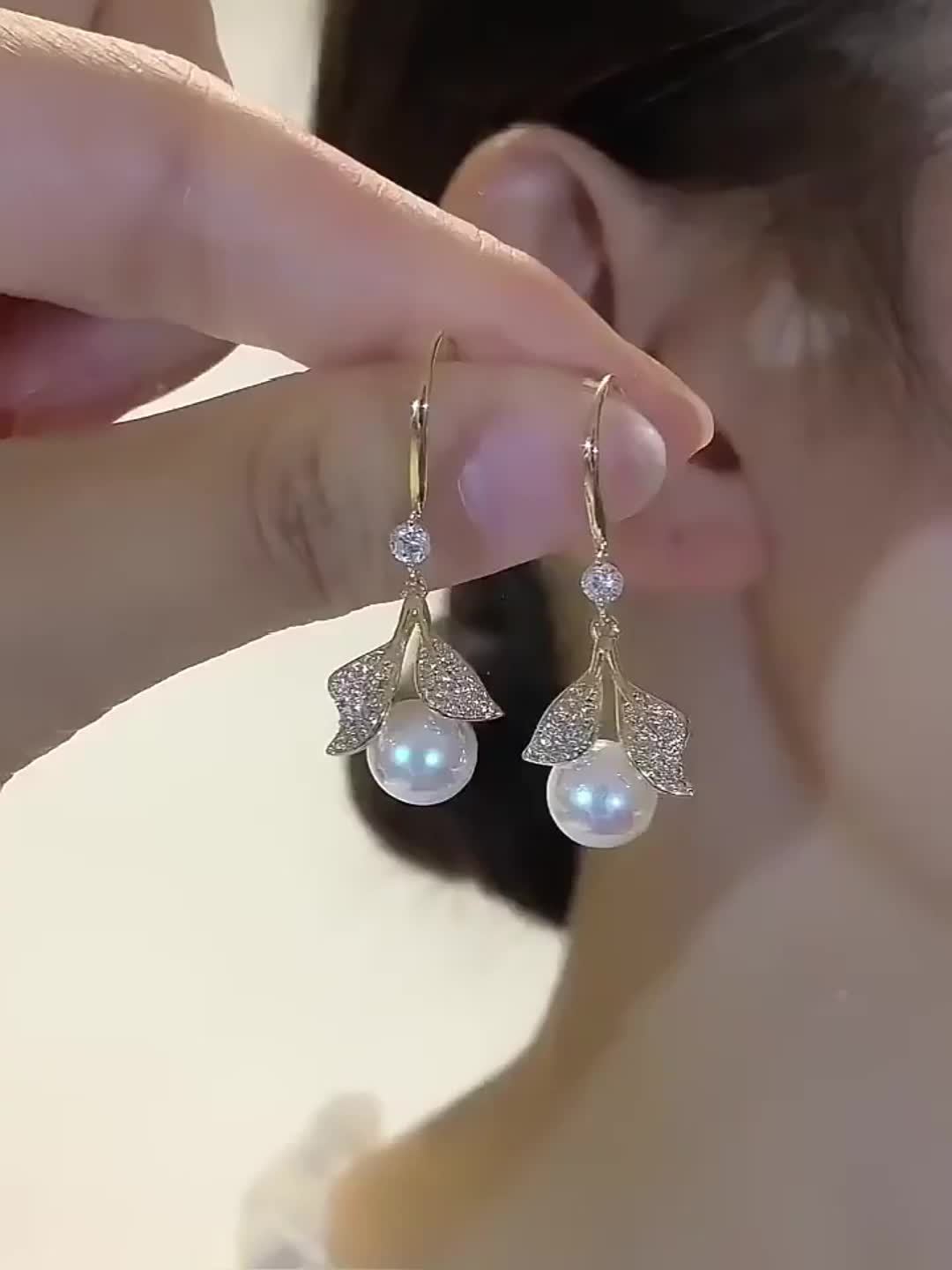 French Leaf & Faux Pearl Drop Earrings