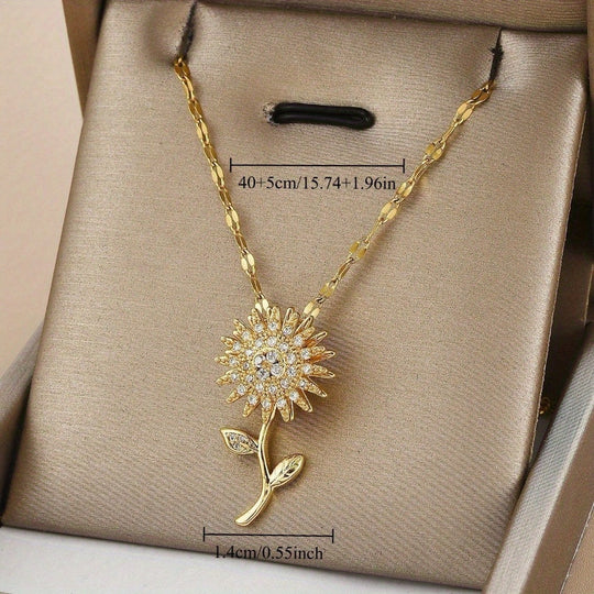 Rotating Sunflower Zirconia Pendant Necklace