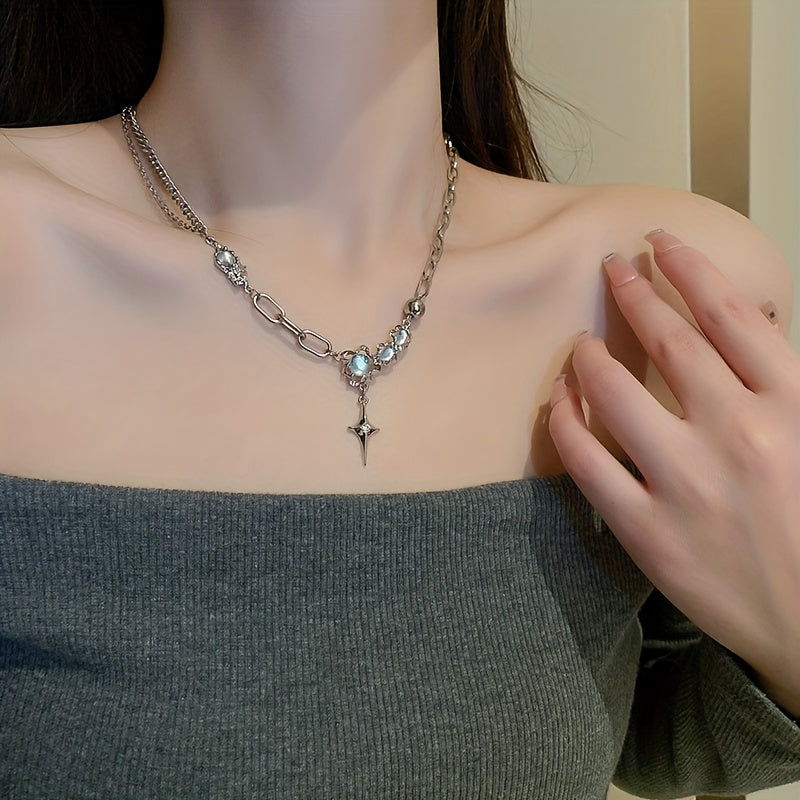 Crinkled Moonstone Rhinestones Star Necklace
