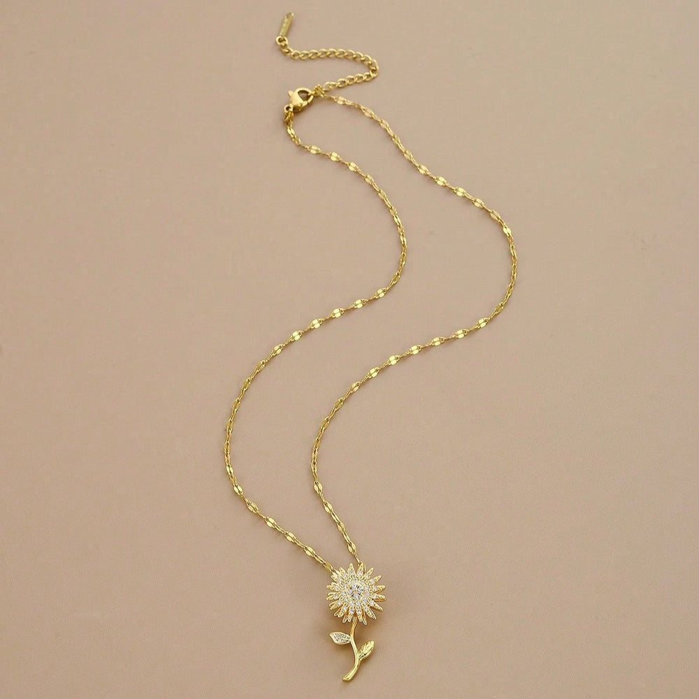 Rotating Sunflower Zirconia Pendant Necklace